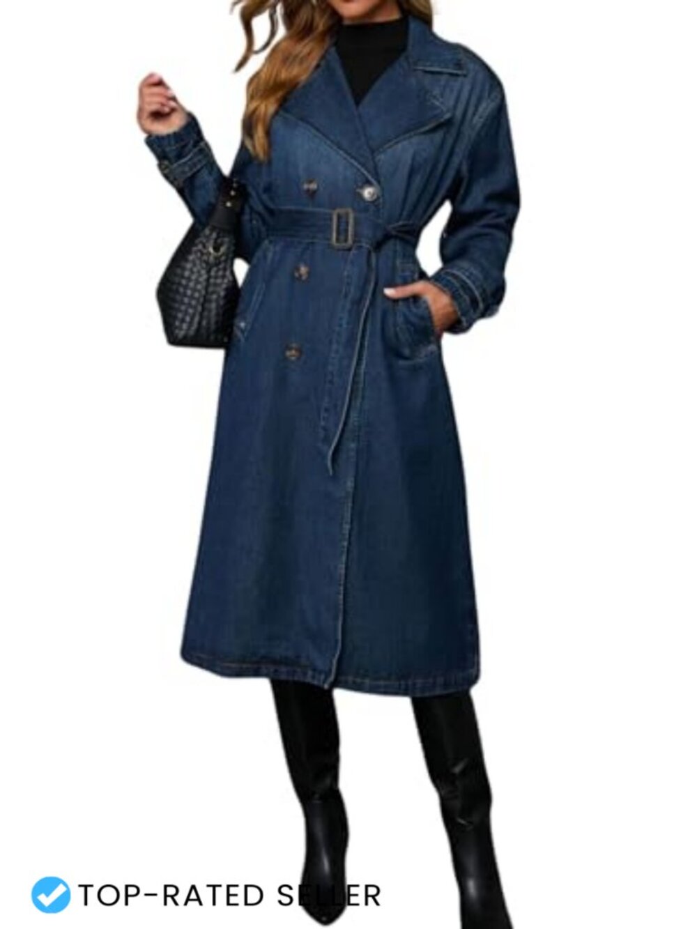 Women's Vintage Double Breasted Mid Long Denim Jacket Trench Coat Duster